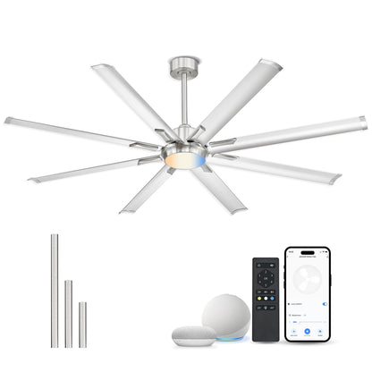 JAZAVA 72 Inch Bruehed Nickel Ceiling Fan With Light,Smart Fan Work With Alexa,Industrial Ceiling Fan With 8 Aluminium Metal Blades,Ideal for Courtyard,Patio and Living Room,CF04BN-72