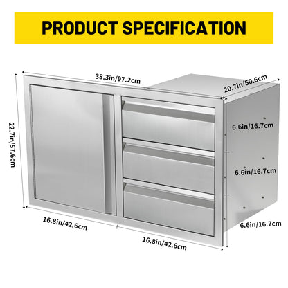 SGOLAN Outdoor Kitchen Door Drawer Combo Cabinet 38.1W x 22.6H x 20.8D BBQ Access Door&Triple Drawers Combo, Stainless Steel Handles for Outdoor Kitchen Island