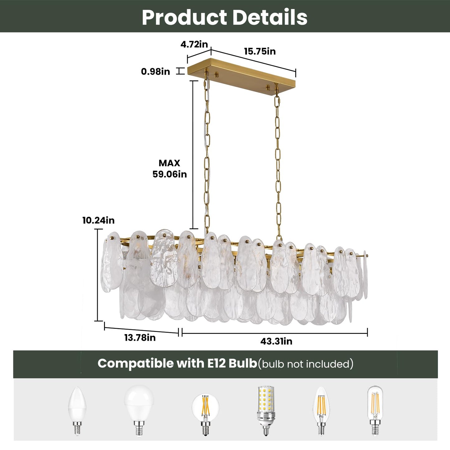 Giawosth Modern Rectangle Glass Chandelier, 43.31 Inch Gold Luxury Crystal Pendant Light, 12-Light Oval Cloud-Shaped Fixture for Island Lights Dining Room, Living Room, E12 Socket
