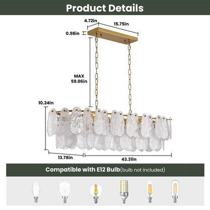 Giawosth Modern Rectangle Glass Chandelier, 43.31 Inch Gold Luxury Crystal Pendant Light, 12-Light Oval Cloud-Shaped Fixture for Island Lights Dining Room, Living Room, E12 Socket