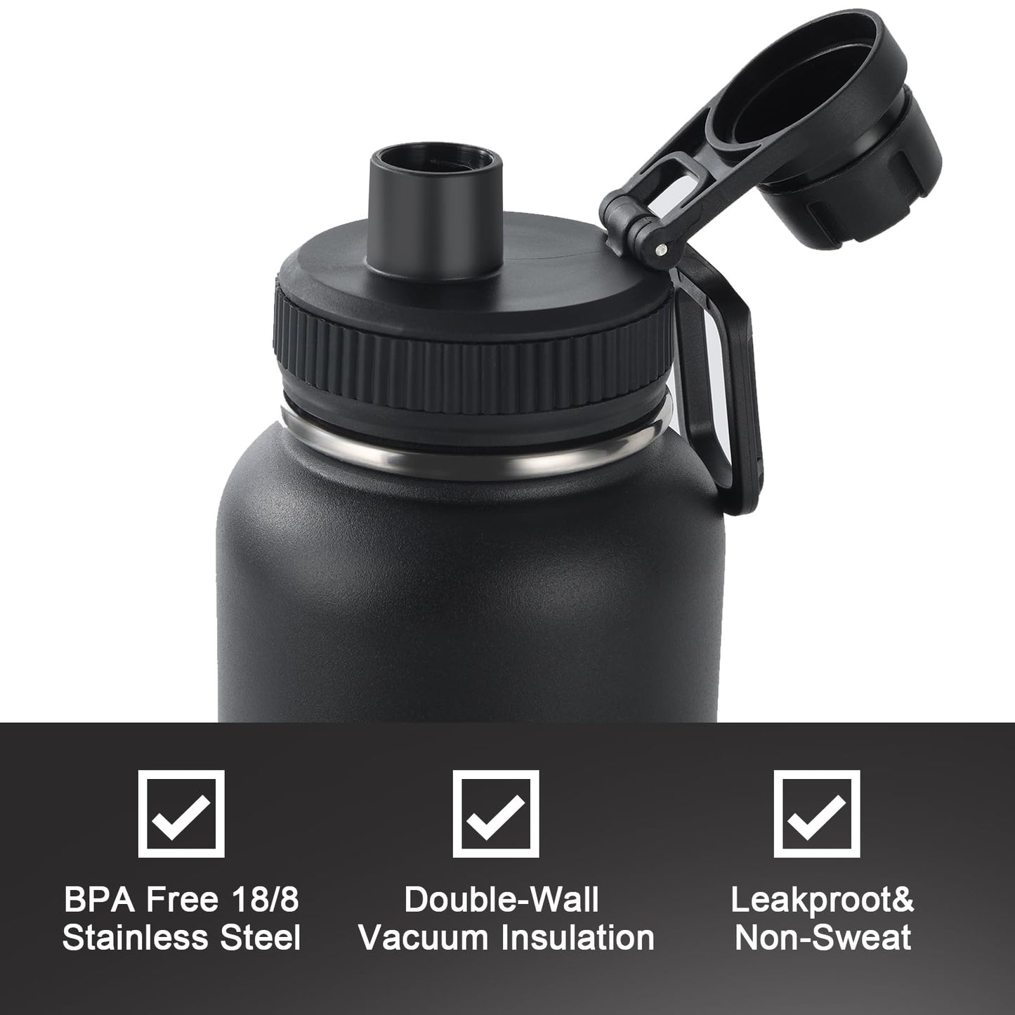 Navigate 32 oz Insulated Stainless Steel Sports Water Bottle with Spout & Handle Lids,Wide Mouth Water Jug with Double Walled Leak Proof Keep Cold for 24 Hrs Hot for 12 Hrs,Black