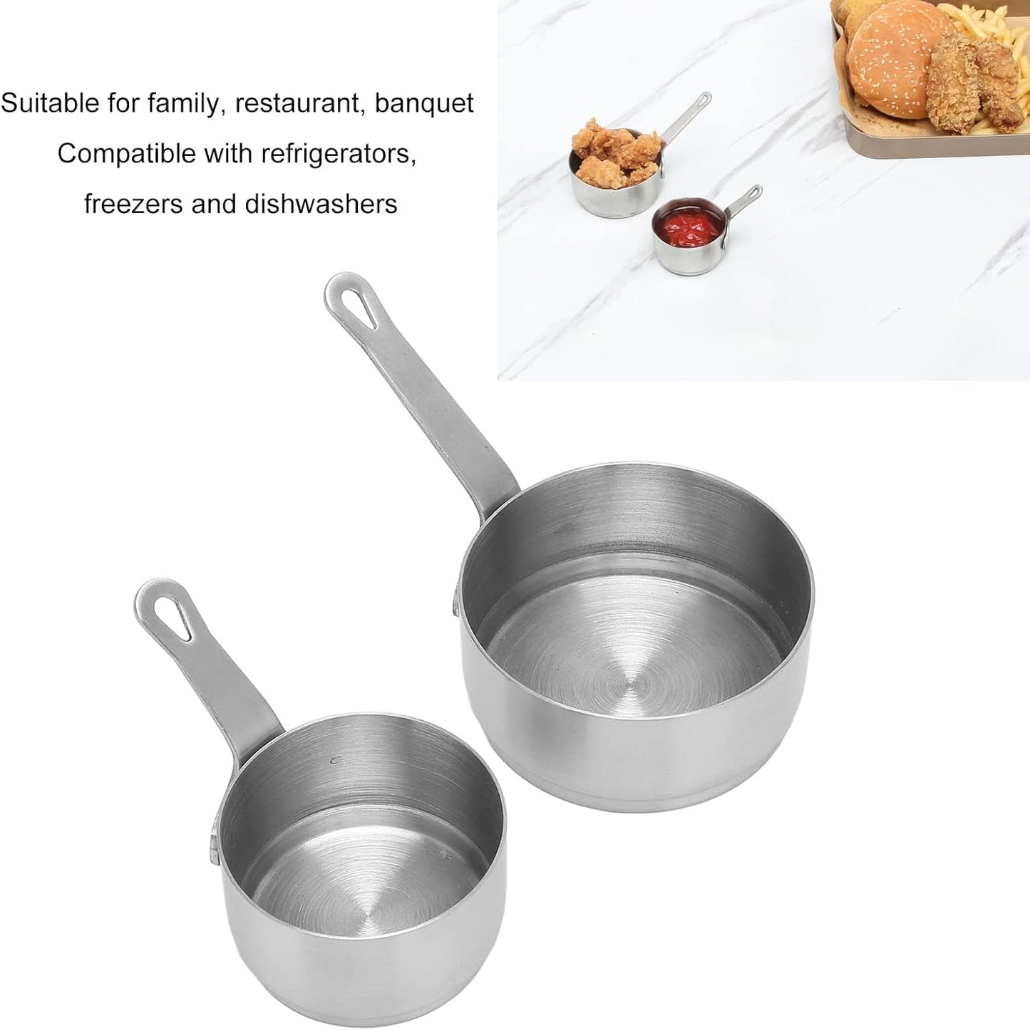 2pcs Sauce Cup 304 Stainless Steel Stackable Mini Sauce Pan with Handle for Banquet Outdoor Picnic, Ramekin Bowls