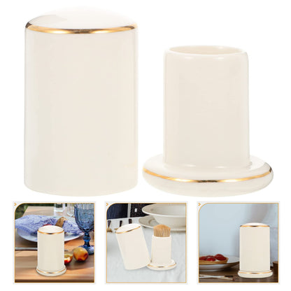 Zerodeko Ceramic Toothpick Holder with Lid Porcelain Toothpick Dispenser Box for Home Restaurant Desktop Container Dustproof Moisture Resistant White Gold Trim