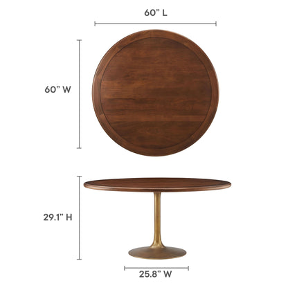 Modway Lippa 60 Inch Round Wood Dining Table with Metal Pedestal in Brass Walnut - Modern Industrial Dining Table for 6 People - Solid Wood Tulip Kitchen Table