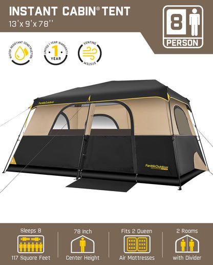 FanttikOutdoor Zeta C8 Pro Max Instant Cabin Tent 8 Person Camping Tent Setup in 60 Seconds with Rainfly & Windproof Portable with Carry Bag for Family Camping & Hiking, Upgraded Ventilation, Khaki