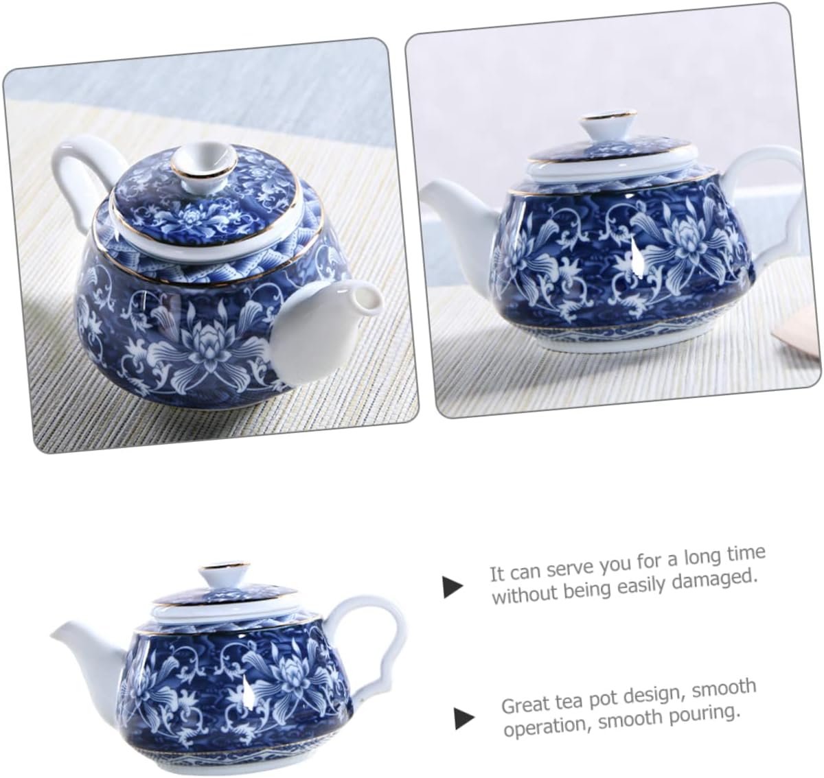 Uonlytech Ceramic Teapot, Blue and White Porcelain Travel Tea Kettle, Retro Portable Teapot with Handle