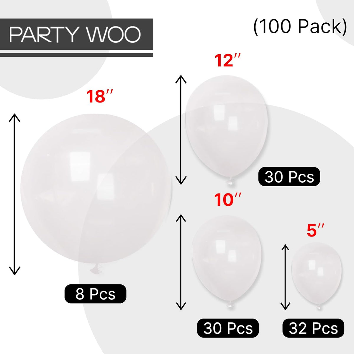 PartyWoo Clear Balloons - 100pcs Transparent Balloon Arch Kit for Weddings, Graduations & Parties | 18", 12", 10", 5" Sizes