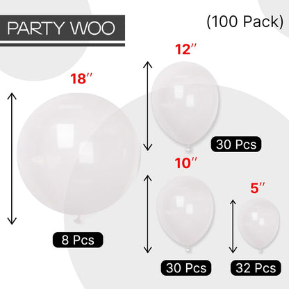 PartyWoo Clear Balloons - 100pcs Transparent Balloon Arch Kit for Weddings, Graduations & Parties | 18", 12", 10", 5" Sizes