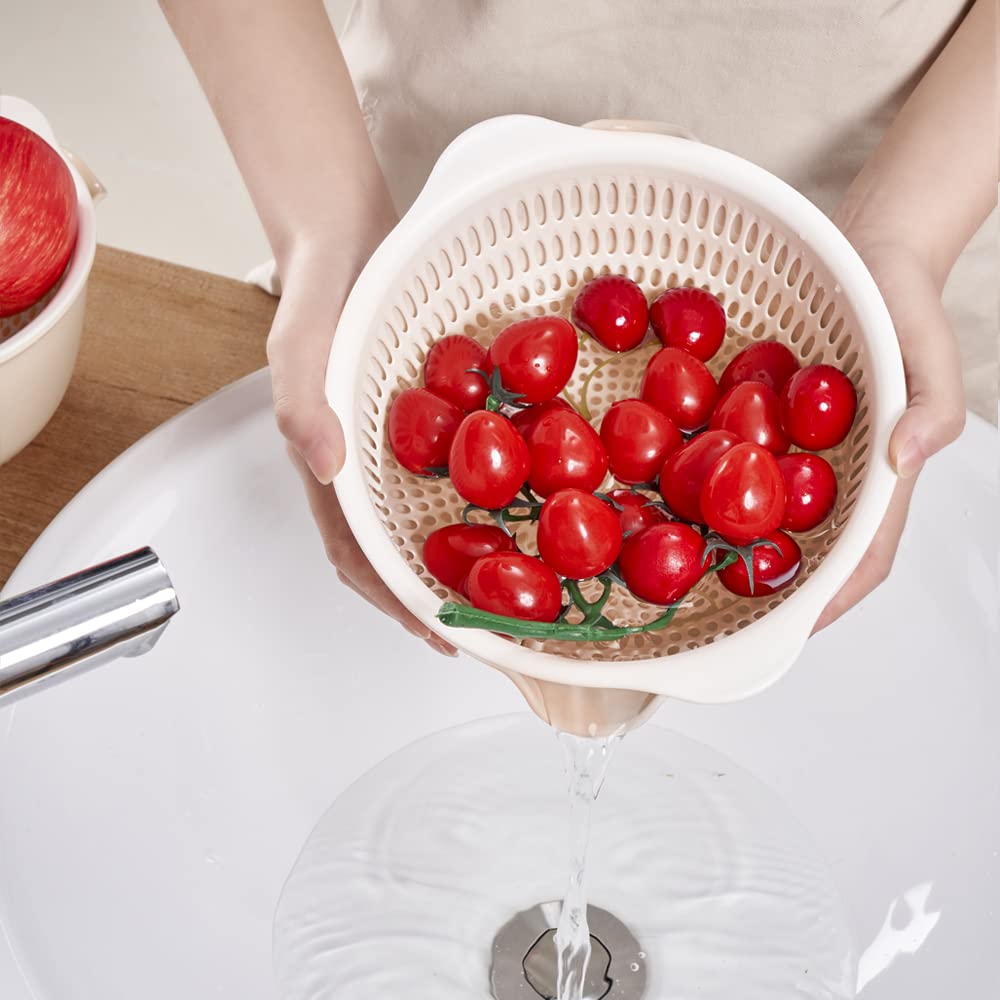 2 in 1 Kitchen Colander Set with Bowl Strainer (2 Sets 2.5 Qt),BPA Free Plastic Fruits and Vegetable Washing Basket,Dishwasher Friendly Double Layered Drain Basin,for Pasta Salad Berry Cleaning Mixing