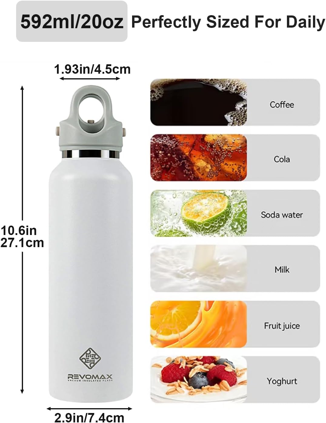 20oz 36H Cold/18H RevoMax Insulated Water Bottle, One-Hand Open Design, Vacuum Stainless Steel Water Bottles, Keep Hot