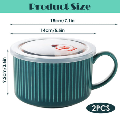 ASelected 2PCS Soup Bowls with Handles, 3.6×7.1Inch Ceramic Bowl with Lid, Blue, Dark Green Soup Mugs with Handles, Microwave Soup Mug with Lid for Soup, Noodles, Oatmeal