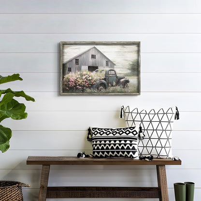Rustic Framed Farmhouse Wall Art: Wooden Flower Truck Painting Country Barn Prints for Bedroom