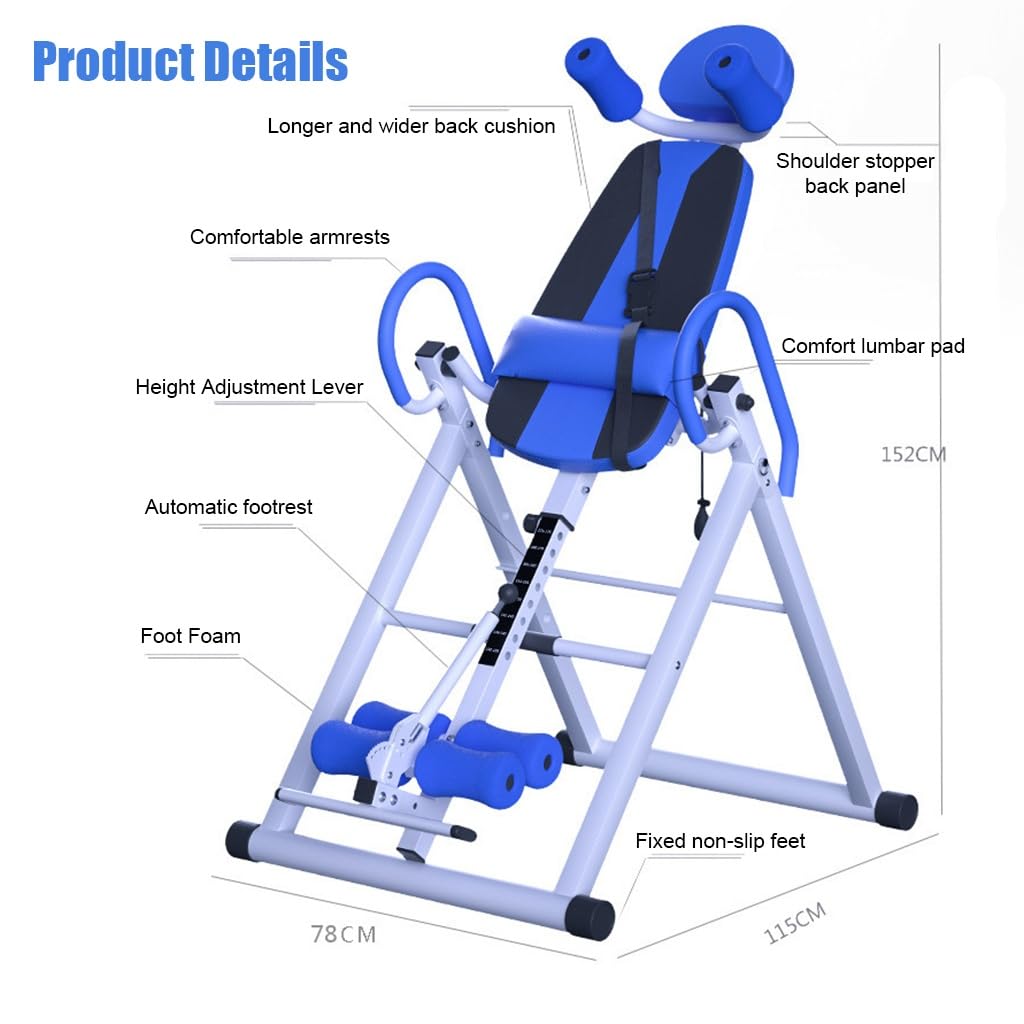 RIEJIN Gravity Heavy Duty Inversion Table with Headrest & Adjustable Protective Belt Back Stretcher Machine for Pain Relief Therapy(Color:Blue)