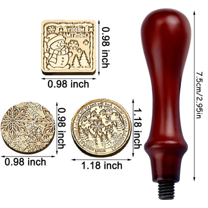 3D Vintage Christmas Wax Seal Stamp Kit - Snowflake Snowman Xmas Tree Elk Designs with 3 Copper Brass Heads and 1 Wooden Handle for Envelope & Gift Wraps