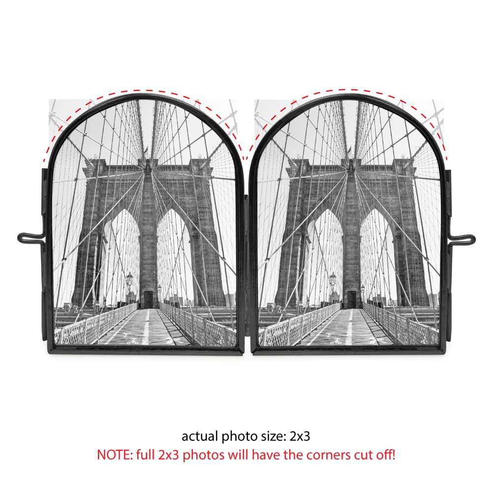 Isaac Jacobs 2x3 Vintage Style, Double-Sided Arched Brass & Glass Metal Floating Picture Frame with Locket Closure (Vertical), Made for Tabletop Display (2x3 Vertical, Black)