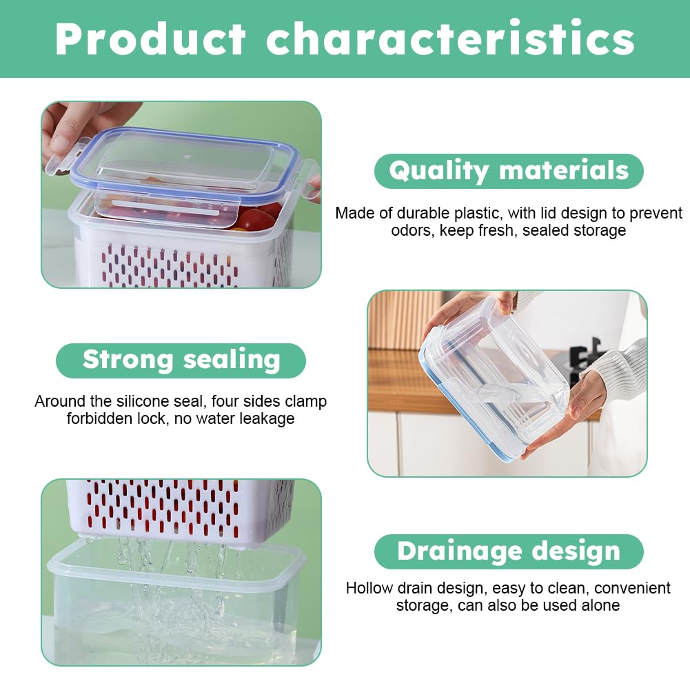 iayokocc 2 Pack Fruit Storage Containers for Fridge, Stackable Food Storage Containers with Removable Colander, Refrigerator Organizer with Drain Baskets Lids- Keeping Food Fresh Longer