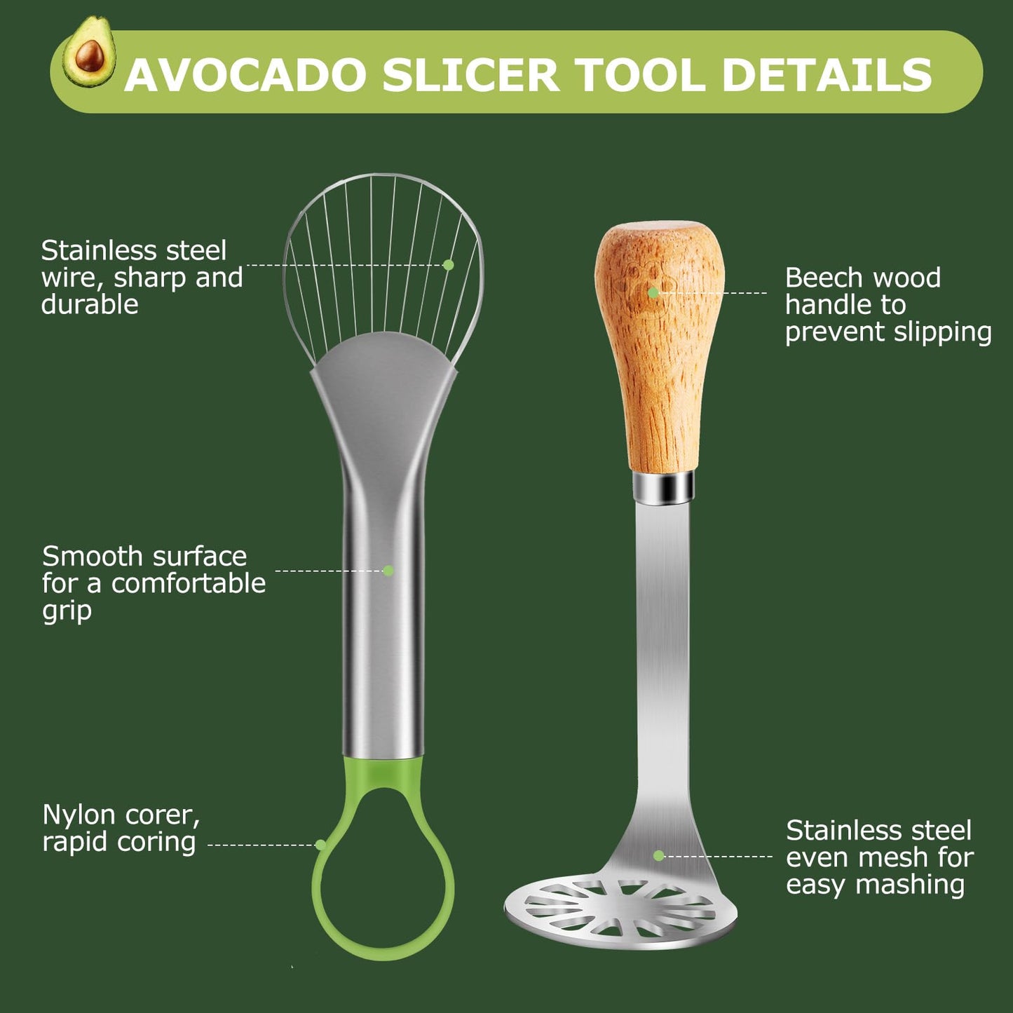 OERPHO Avocado Slicer Tool 3 in 1, Stainless Steel Avocado Cutter Tool Set, Avocado Masher & Avocado Peeler Tools, Multi-Function Avocado Smasher Tools for Slicing, Scooping and Pit Removal