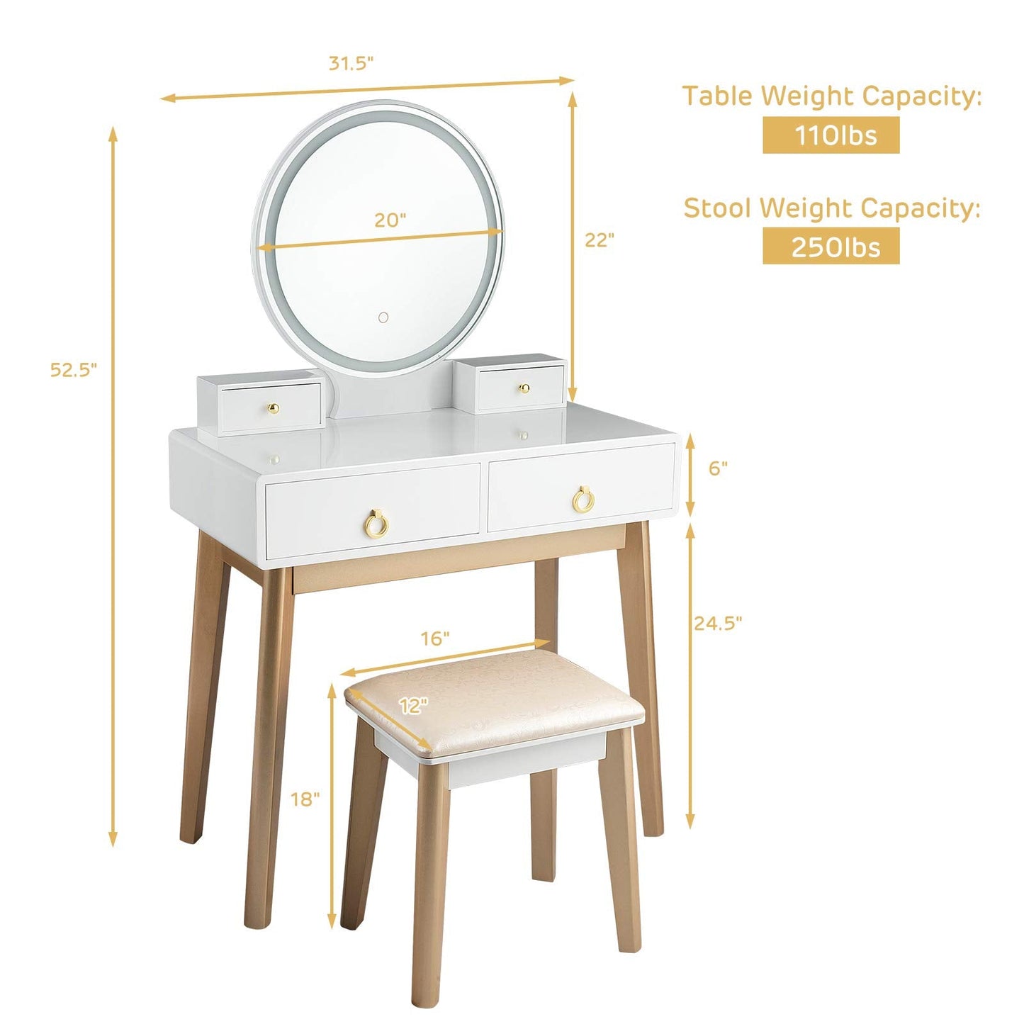 FANTASK Vanity Table Set, LED Lighted Makeup Table w/ 3 Color Round Lighting Mirror Touch Screen 4 Drawers, Makeup Dressing Table w/Cushioned Stool for Bedroom (White)