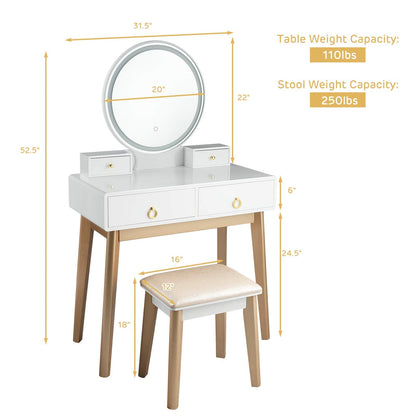FANTASK Vanity Table Set, LED Lighted Makeup Table w/ 3 Color Round Lighting Mirror Touch Screen 4 Drawers, Makeup Dressing Table w/Cushioned Stool for Bedroom (White)