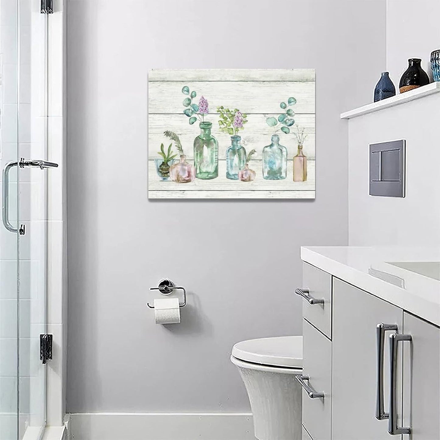 Farmhouse Bathroom Botanical Flower Wall Art - Floral Bathroom Pictures Canvas Prints for Home Decor
