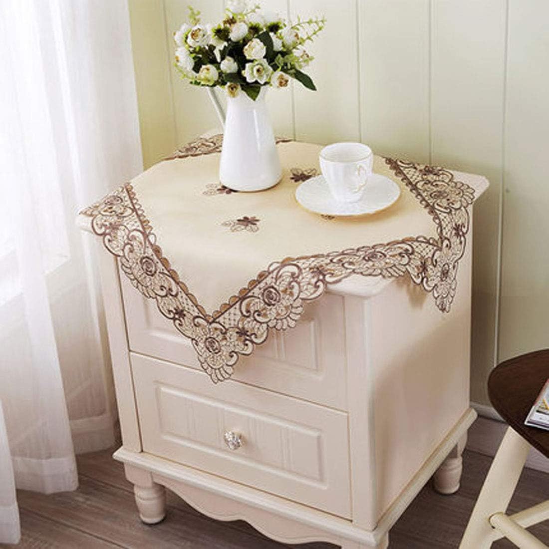 22" LeLehome Square Classic EmbroideredTablecloth, Vintage Brown Flower Beige Small Table Cloth Bedside Nightstand Tea