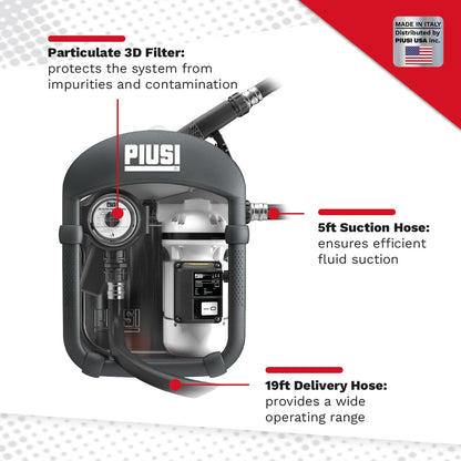 Piusi THREE25 DEF Transfer Pump Kit 9 GPM Equipped with Filter, 19 ft Discharge Hose, Automatic Nozzle with Meter Specifically Designed for IBC Tanks (AC 120V)