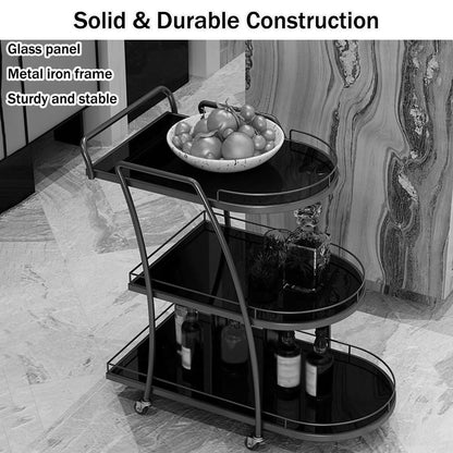 FGQuelleBM Luxury 3-Tier Serving Cart with Handles, Hotel Beverage Cart with Brake Wheels & Glass Top for Wine, Dishes & Salad(Gold Black)