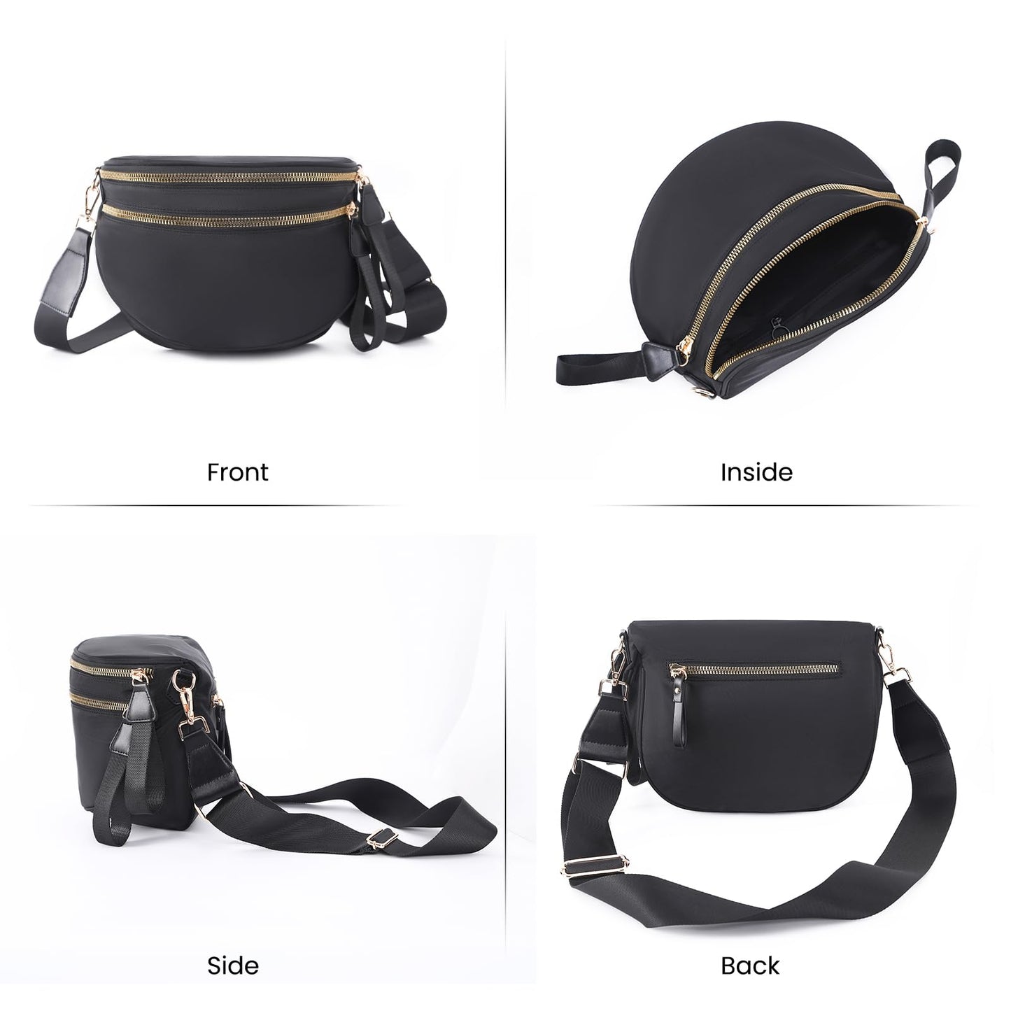Nylon Crossbody Bags Bum Bag for Women Large Sling Bag Purse with Adjustable Strap（Black）
