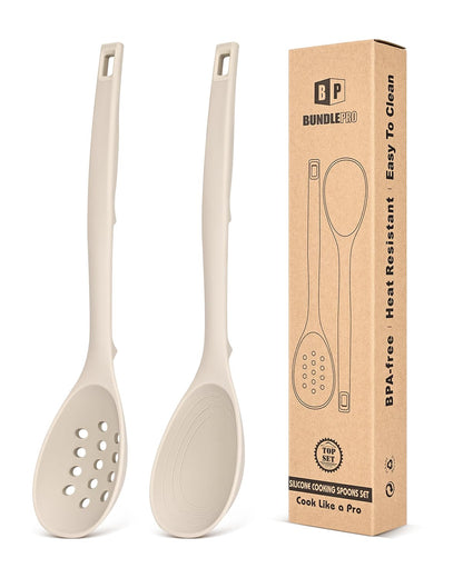 Pack of 2 Silicone Cooking Spoons, Non Stick Solid Kitchen Spoon with Measuring Marks & Back Hooks, Heat Resistant Silicone Slotted Spoon for Cooking, Mixing, Stirring,Serving(KHAKI)