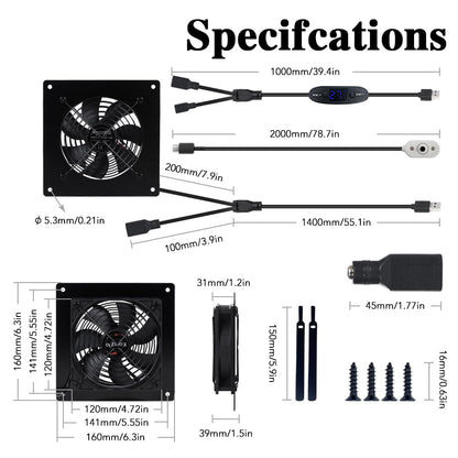 Xiaoqijia 120mm Temperature-Controlled USB/DC Silent Cooling Fan - 5V/12V Dual Voltage,6-Inch, 10-Speed Adjustable - for AV Cabinets, Server Racks, Greenhouses & RVs