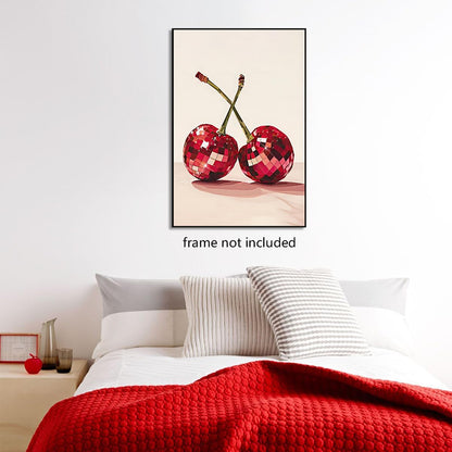 xbsifyiooa 24x36in Trendy Disco Ball Print Poster, Funky Disco Cherries Art Canvas, Pink Cherries Picture, Fruit Wall