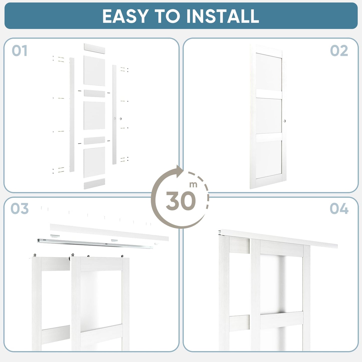 JUBEST Sliding Closet Door 60"(Double 31") x 80", 3-Lite Frosted Glass Bypass Door with Hardware Kit & Matching Fascia, Pre-Drilled Solid Wood Slab with Water-Proof PVC Surface, Easy to Install, White