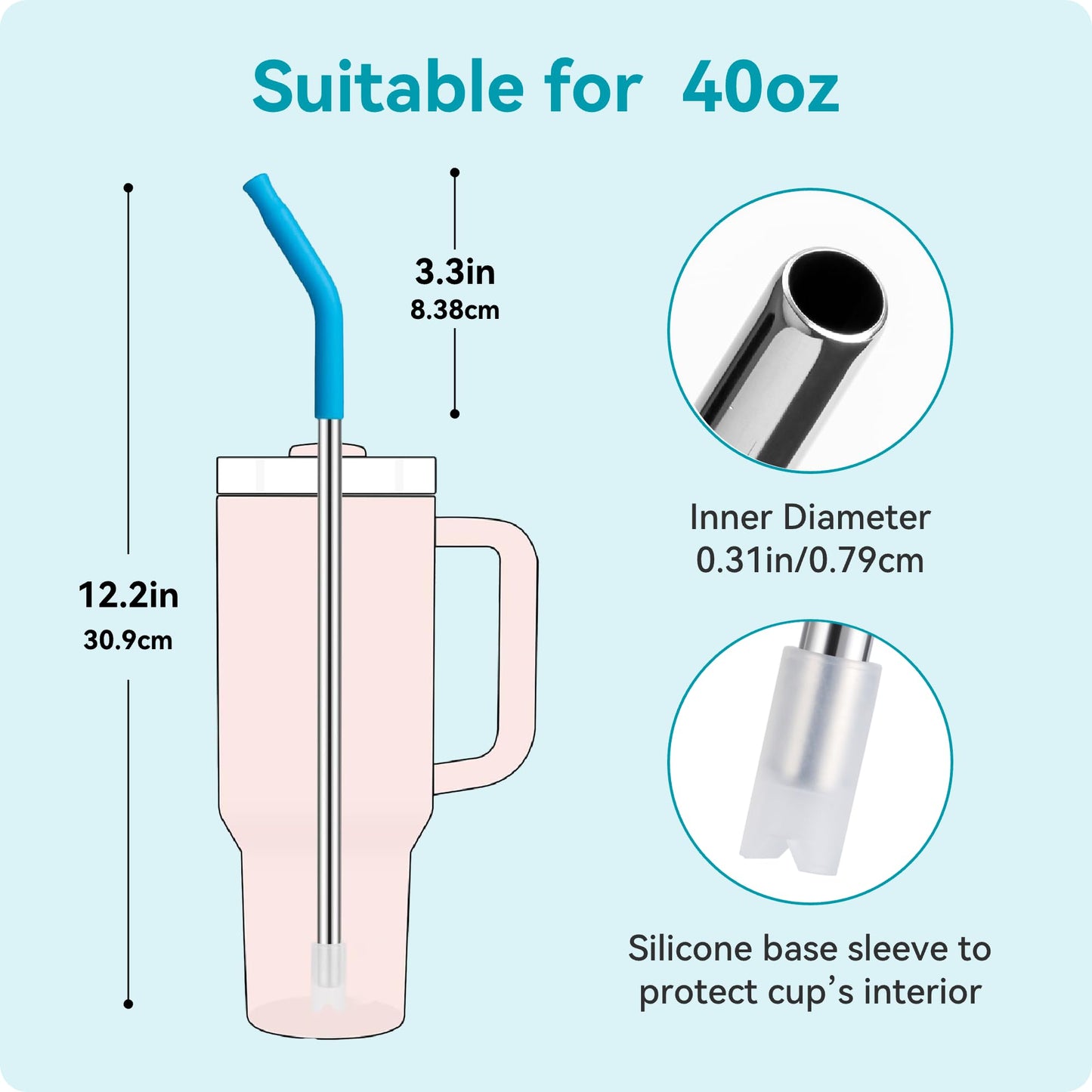 Soledea 6 Pcs Metal Reusable Straws for 40 oz Tumbler, Stainless Steel Long Drinking Straw with Colourful Silicone Tips,Straw for Glass Cups, Cleaning Brushes Included, BPA FREE