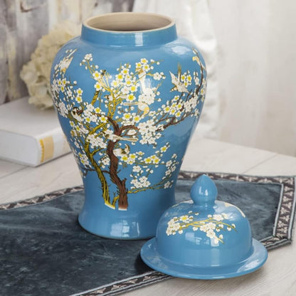 ERoomQ Blue Ceramic Ginger Jar with Lid for Home Decor,Traditional Chinese Trees and Flowers Temple Jar, Jingdezhen Handcrafted Porcelain Vase Centerpiece Decor-Medium