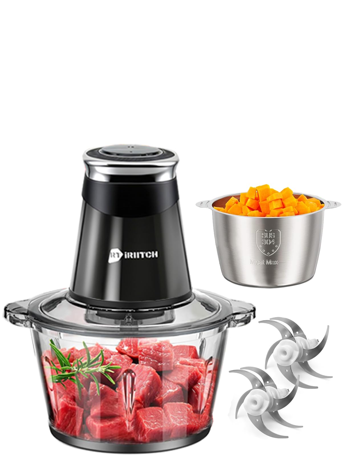 iRIITCH Food Processors, Electric Food Chopper with Meat Grinder & Vegetable Chopper - 2 Bowls (10 Cup+5 Cup) with Powerful 500W Copper Motor - Includes 2 Sets of Bi-Level Blades for Fruits/Meat/Nuts