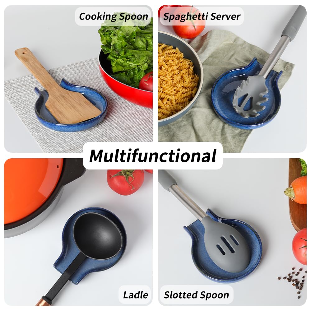 Spoon Rest - HAPPY KIT Blue Spoon Rest for Stove Top for Cooking Spoons Spatula Kitchen Decor Ceramic Spoon Holder for Kitchen Counter with Gift Box Ready