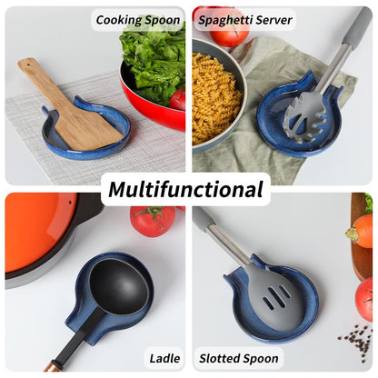Spoon Rest - HAPPY KIT Blue Spoon Rest for Stove Top for Cooking Spoons Spatula Kitchen Decor Ceramic Spoon Holder for Kitchen Counter with Gift Box Ready