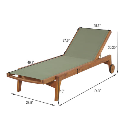 Merax Patio Chaise Lounge Chair, Acacia Wood Frame with Mesh Seat, Adjustable Outdoor Recliner, Weather-Resistant Poolside Lounger Green