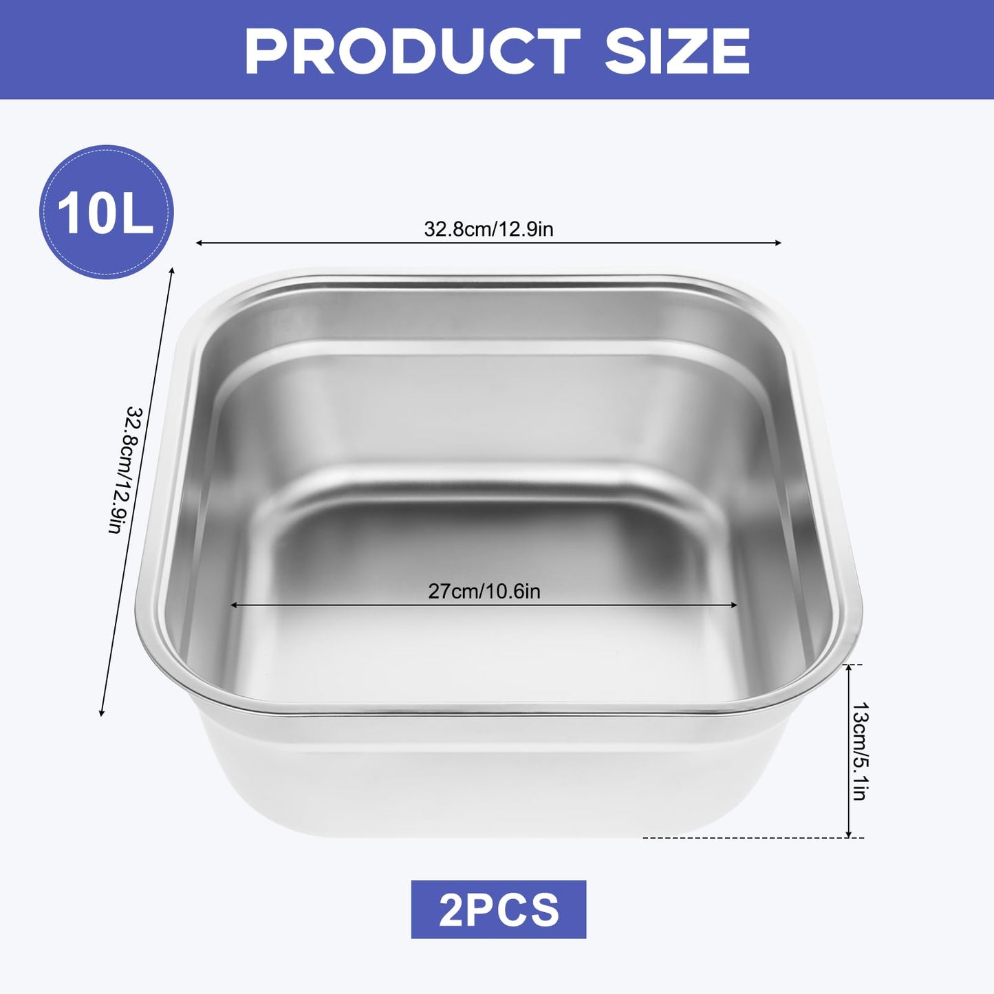 2PCS Stainless Steel Washing Up Bowls, 12.8" Sturdy Square Dish Tub, Fruit Vegetable Washing Basin for Sink, Large Square Containers for Kitchen, Vegetable Washing Basins, Sturdy Dishpans for Home