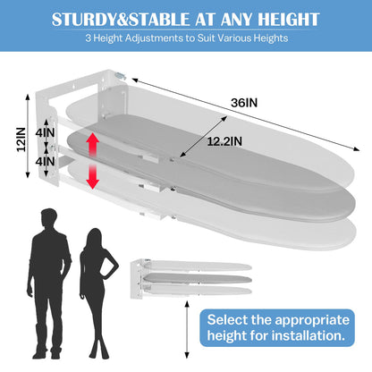 Wall Mounted Ironing Board Adjustable Height, 36 x 12 Inch Fold Away Iron Board Wall Mount Space-Saving Ironing Board with Removable Heat Resistant Cover for Small Spaces Home Laundry Room