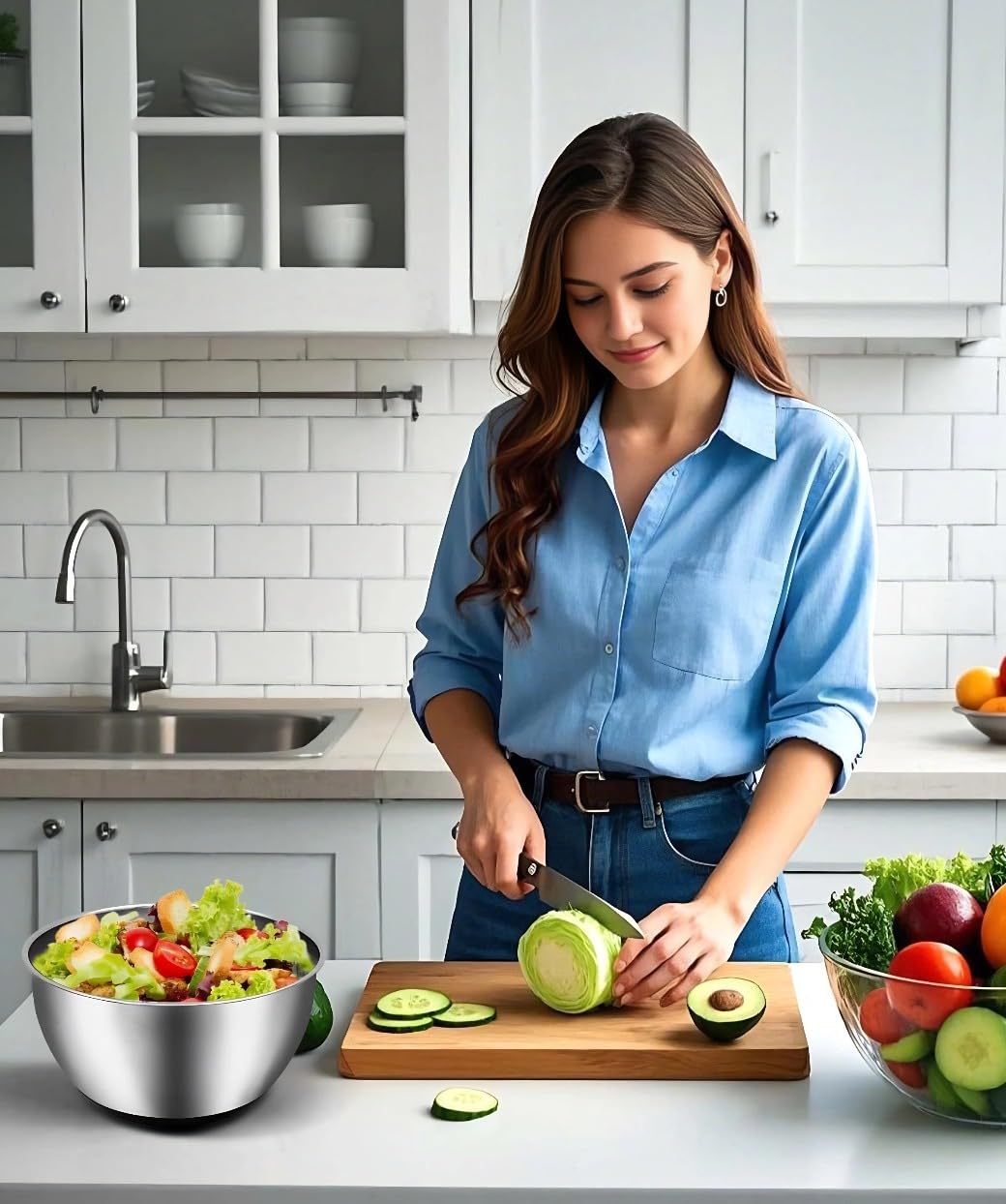 VVAKAM 5.3QT Salad Spinner Large,Stainless Steel Lettuce Spinner,Fruit Vegetables Wash Bowl with 5 Blade Slicer,Egg Yolk Strainer Slicer Shredder,Kitchen Colander for Salad Make and Food Washing
