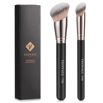 TEOYALL Foundation Contour Conceal Brush Set, 3PCS Angled Synthetic Kabuki Brush for Blending Setting Buffing with Liquid, Cream and Powder Cosmetic (170S/270S/370S)
