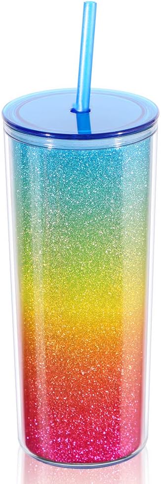 Home Tune Rainbow Tumbler with Straw, Sand Flow Glitter Double Wall Acrylic Cup, 21 oz / 640ml, Blue