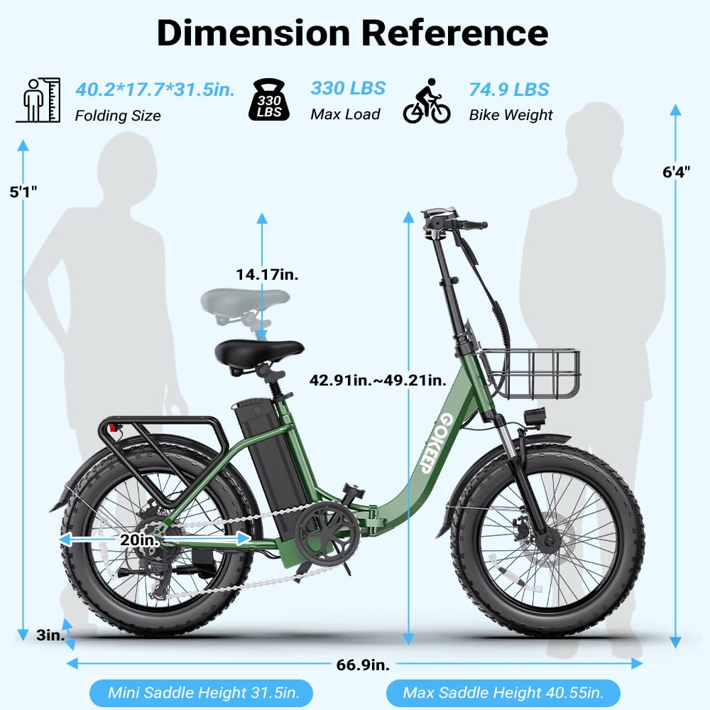 GOKEEP Electric Bike for Adults, Peak 1300W Motor, 75 Miles PAS Range, 52V 13Ah Removable Lithium Battery, Foldable Electric Bicycle, 20MPH 7-Speed Commuter Ebike, Max 330LBS, UL2849 Certified, Green