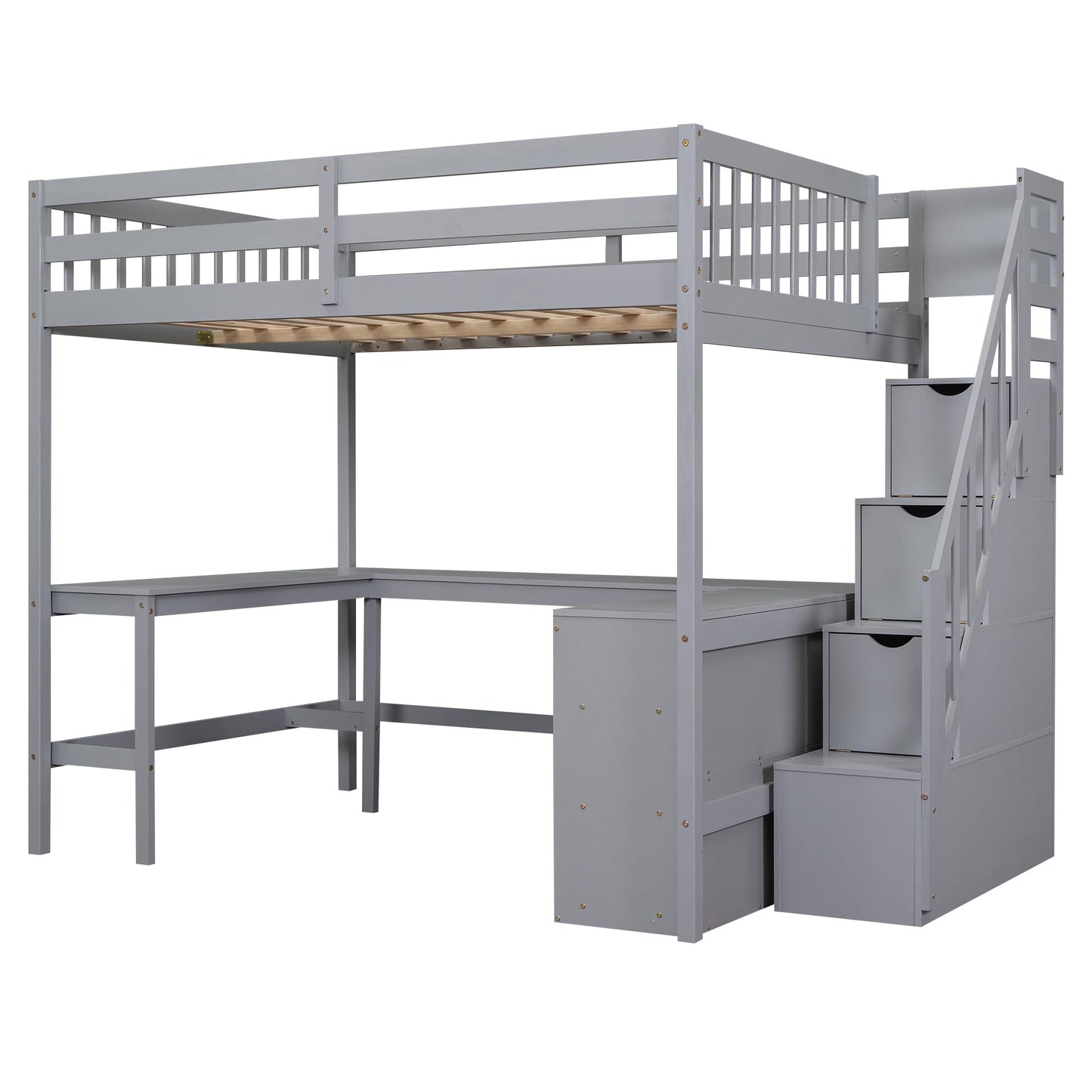 Ball & Cast Loft Bed Full Size with Built-in L-Shaped Desk and Three-Tier Storage Shelves,Wooden Bedframe w/Storager Staircase & Guardrails,Space Saving,Bedroom Furniture for Student Dorms,Gray