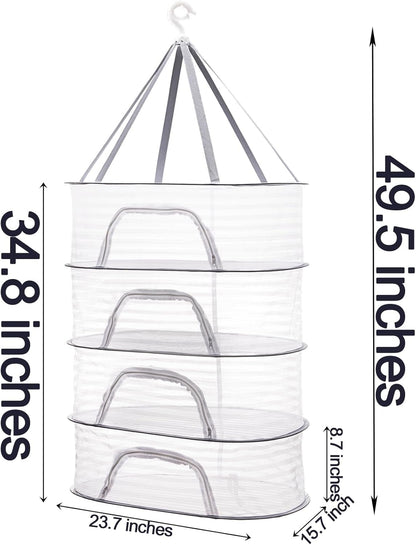 Coloch 4 Layer Herb Drying Rack with Zipper, Hanging Mesh Net Collapsible Food Drying Fish Net Hanging Basket Dryer Net for Seeds, Buds, Fruits, Vegetables, Herbs, Fish, Clothes, Doll