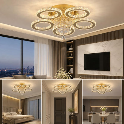 VETRULUS Modern Crystal LED Chandelier, 5-Ring Gold Flush Mount Ceiling Light Fixture for Bedroom, Dining Room, Living Room, Hallway – Dimmable