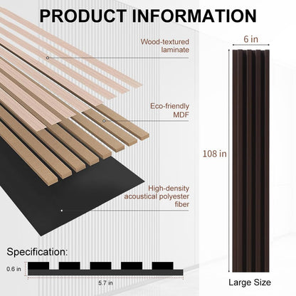 NovaGrid Board 4PCS Acoustic Wood Slat Wall Panels for Wall Decor and Ceiling 3D Fluted Sound Absorbing Panel Soundproof with Wood Finish 108"×6" (Walnut Brown)