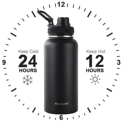 Navigate 32 oz Insulated Stainless Steel Sports Water Bottle with Spout & Handle Lids,Wide Mouth Water Jug with Double Walled Leak Proof Keep Cold for 24 Hrs Hot for 12 Hrs,Black