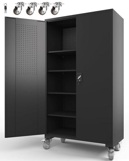 ANTISTA Large Metal Cabinet Two Lockable Doors Four Wheels,Four Adjustable dividers can be Used as Tool File Storage Suitable for garages Schools Gyms Offices